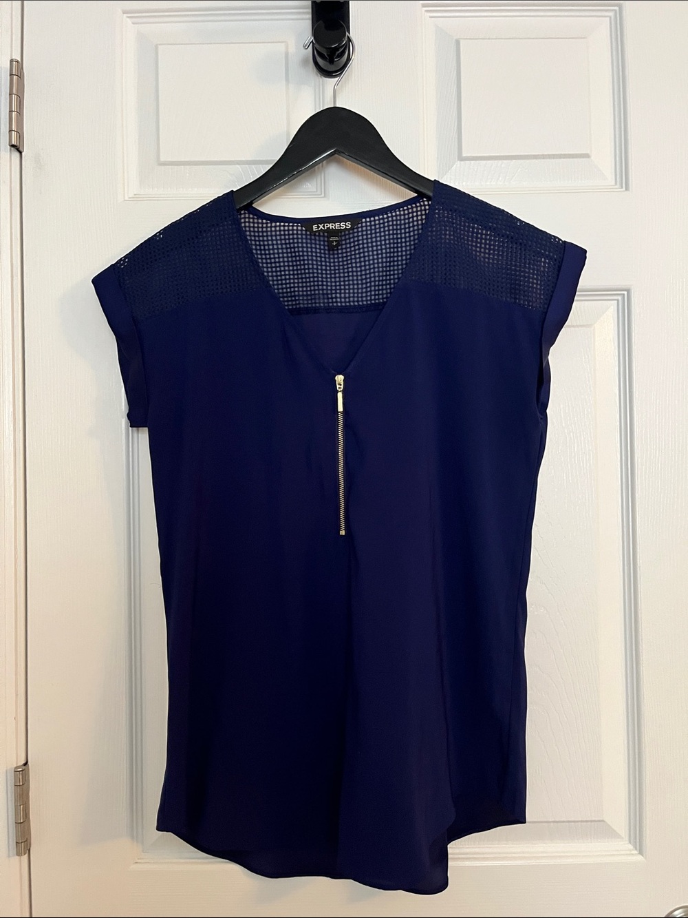 Express Navy Zip-Front Cap Sleeve Top with Mesh Yoke